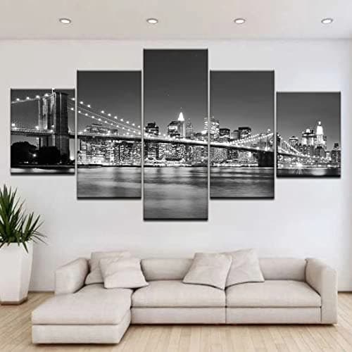 Image of 5 Pieces Wall Art 5 Panel Wall Art Canvas Painting The Modern City Gray Night View Nature Landscape For Modern Bedroom,Living Room,Office Wall Decoration,Gift Large Size Framed Artwork
