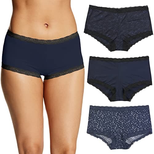 Image of Maidenform Women's Underwear, Microfiber Boyshort Panties, One Fab Fit, 3-Pack Boy Short, Navy Black/Navy Black Lace/Shining Star, XL (Pack of 3)