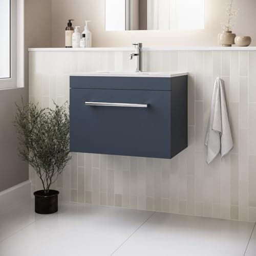 Image of Ashford 600mm Blue Wall Hung Vanity Unit with Basin and Brass Handle