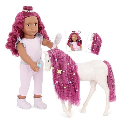 Image of Our Generation - Estra & Delta - 18-Inch Doll & Horse Foal Set - Matching Fuchsia Hair - Grooming & Styling Accessories - Pretend Play - Toy for Kids 3 Years +