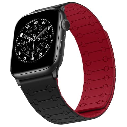 Image of Sixmoat Double Sided Wearable Magnetic Straps Compatible with Apple Watch Strap 42mm(Series 10/11) 41mm 40mm 38mm for Men Women, Soft Silicone Band for iWatch SE Series 11 10 9 8 7 6 5 4 3, Black-Red