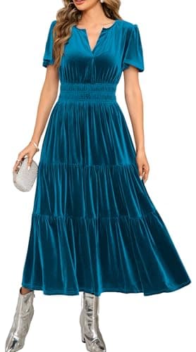 Image of R.Vivimos Autumn Winter Women's Velvet Maxi Dress Short Sleeve V Neck Tiered Ruffle A Line Vintage Dress(Large,Teal)