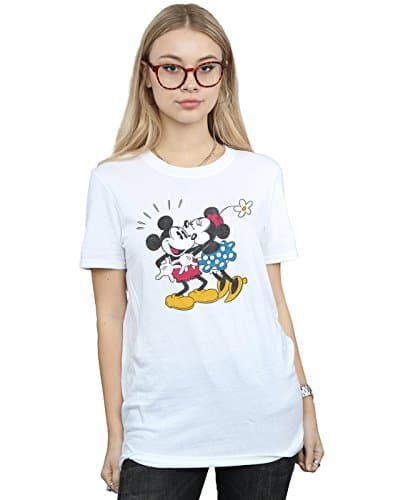 Image of Disney Women's Mickey Mouse Mickey and Minnie Kiss Boyfriend Fit T-Shirt Large White
