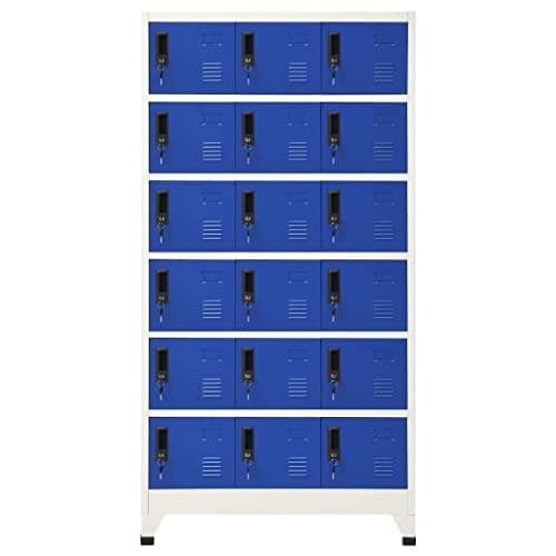 Image of GeenYuu Grey and Blue Steel Locker Cabinet 90 x 40 x 180 cm with 18 Lockable Doors, Ventilation Slots, Name Plate Holders for Office, School, Garage, Workshop and Utility Room