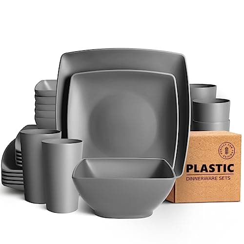 Image of Teivio 24-Piece Kitchen Reusable Plastic Square Dinner Set, Service for 6, Dinner Plate, Dessert Plate, Cereal Bowl, 13.5 oz Cup, Unbreakable Plastic Plates and Bowls Set, Outdoor Camping Dishes, Grey