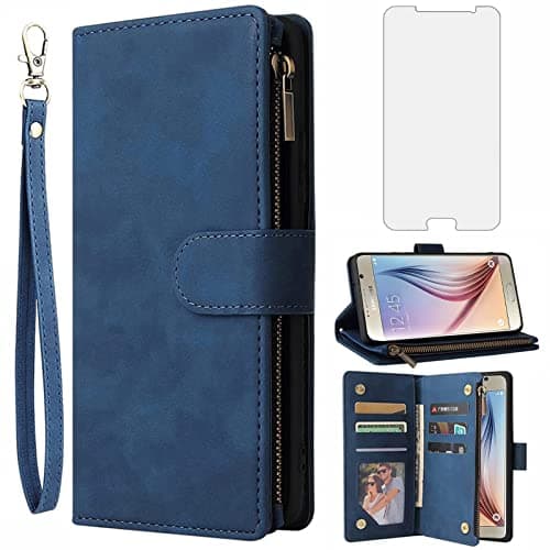 Image of Asuwish Compatible with Samsung Galaxy S6 Wallet Case and Tempered Glass Screen Protector Flip Cover Card Holder Stand Cell Phone Cases for Glaxay S 6 Gaxaly 6s Galaxies GS6 SM-G920V G920A Women Blue