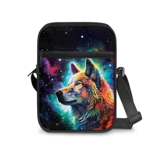 Image of Dngkaoje Animals Wolf Crossbody Bag for Men Women Messenger Tote Bag Starry Night Wolf Sling Shoulder Purse for School Boys Girls Small Mini Wallet Zipper Lightweight Shoulder Bag with Front Pocket