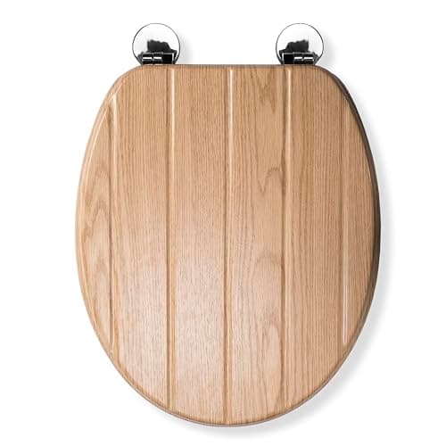 Image of Croydex Flexi-Fix Geneva Toilet Seat - Adjustable Hinges with Top & Bottom Fixings Included and Rust & Stain Free Chrome Hinge Covers, Antibacterial Treated Surface (Light Oak)