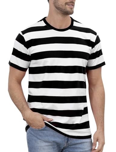 Image of COSAVOROCK Black and White Striped T Shirt Mens Short Sleeved Shirts XL