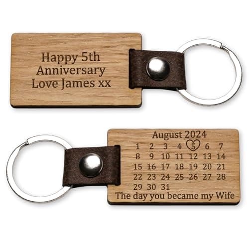 Image of Personalised 5th Wedding Anniversary Keyring Wood Wooden Fifth Calendar Date Father’s Day You Became Date Remember Wife Husband Faux Romantic Gift Husband Key Ring Him Her Mr Mrs Couples Valentines
