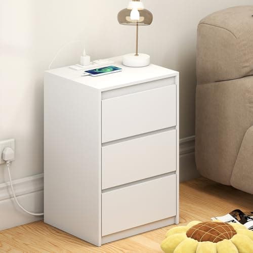 Image of YOSHOOT Bedside Table, Nightstand with 3 Drawers and Power Station, Modern End Table, Wooden Storage Side Table for Living Room Bedroom, 40 * 35 * 59.5cm (White)