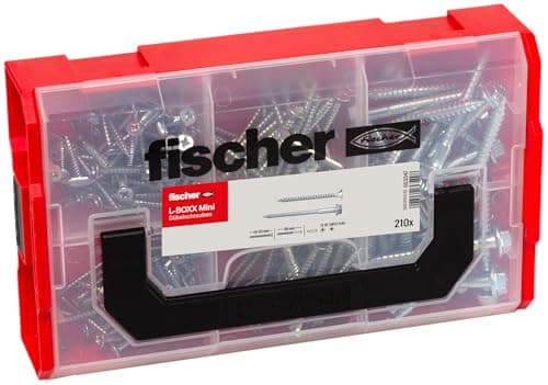 Image of fischer FixTainer Dowel Screws, pre-Sorted Assortment Box with 210 Screws, Suitable for Many dowels (DuoPower, DuoBlade and Many More), Universal Set for mounting