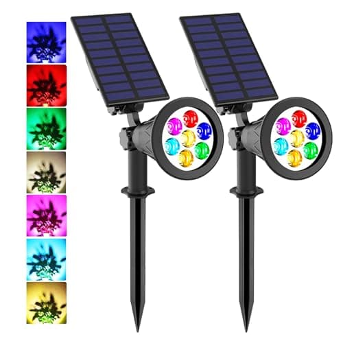 Image of T-SUNUS Solar Garden Spotlight Outdoor 7 LED Color Change Spot Light 180° Adjustable, Auto-on/Off Security Light, Security Garden Landscape Lamps for Pathway Yard, Patio, Tree, Deck, Wall(2 Pack)