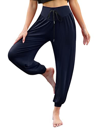 Image of Terecey Yoga Pants for Women Cotton Soft Modal Sweatpants with Pockets Casual Harem Lounge Pants Athletic Drawstring Joggers Trousers Navy Blue