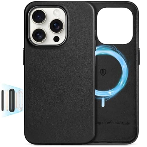 Image of SHIELDON Case for iPhone 16 Pro 6.3", Genuine Leather Slim Shockproof Phone Case[Non-Slip][Anti-Scratch][Metal Button] Magnetic Wireless Charging Protective Cover Compatible with iPhone 16 Pro - Black