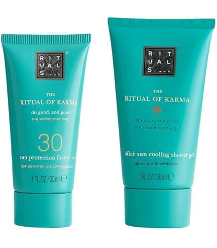 Image of The Rituals of Karma Summer Duo includes a 50ml After Sun Cooling Shower Gel, SPF 30 Sunshine Protection Face Cream, and a 30ml Mini After Shower Foam, infuse your skin—and your summer—with kindness