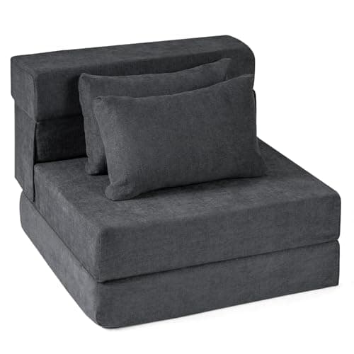 Image of COSTWAY Folding Sofa Bed, 3-in-1 Convertible Sleeper Chair Futon Couch Bed with 2 Pillows, Upholstered Fold Out Floor Mattress Lounge Seat Lazy Sofa for Living Room Bedroom (Grey, Single-74x76x54cm)