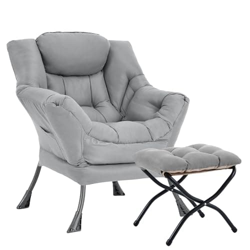 Image of HomEastlly Lazy Chair with Ottoman, Large Light Grey Accent Chair with Ottoman, Comfy Reading Armchair, Leisure Sofa Chair for Living Room, Bedroom, Dorm Room, Office