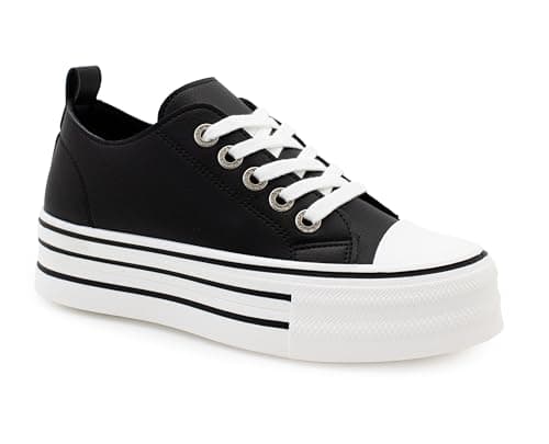 Image of IMTY Womens Platform Canvas Trainers Lace Up Chunky Sole Baseball Sneakers Ladies Flat Low Top Fashion Trainer Pumps (Black PU, UK Footwear Size System, Adult, Women, Numeric, Medium, 6)