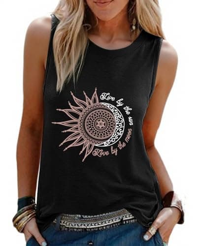Image of PASUDA Ladies Tops Vest for Women Round Neck Loose Tank Top Summer Sleeveless Tees Tunic Camisole Going Out Vest Casual Gym Holiday Tops (Black-Sun Moon, S)