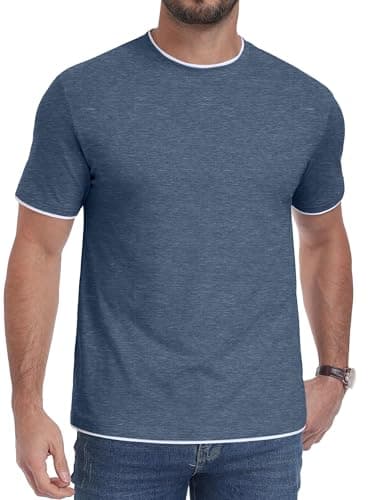 Image of Hisir Men's Casual T-Shirt Short Sleeve Crewneck with Contrast Trim Cotton Blend Stretch Tee Regular Fit for Summer & Daily Wear (Blue, M)