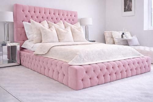 Image of Bespoke Chesterfield Plush Velvet Regal Ambassadar Bed Frame and Headboard - UK Made - Double/King/Super King (Pink Plush, Double 4ft6 without mattress)