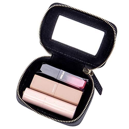 Image of Aileder Mini Lipstick Case Holder Box with Mirror Genuine Leather Small Travel Makeup Cosmetic Pouch Bag Storage Kit for Women Girls (Black)