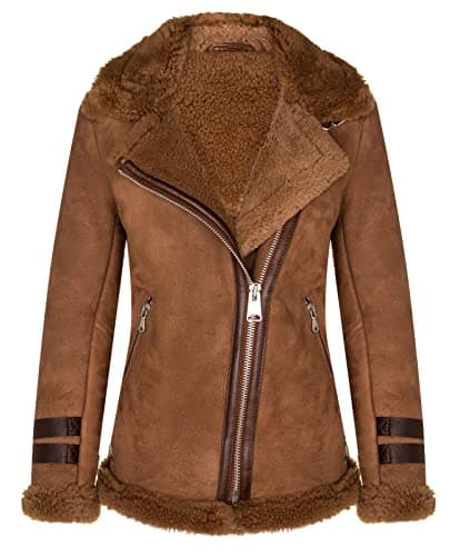 Image of Women's Brown Sheepskin Biker Merino Shearling Aviator Leather Jacket L