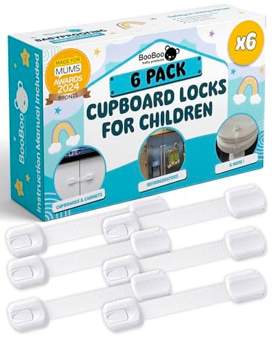 Image of Booboo Baby (6 Pack) Premium Child Locks for Kitchen Cupboards, Child Proof Cabinet Locks, Drawer Locks Baby Proofing Cabinets with No Drilling, Extra Strong Adhesive + 2 Spare Stickers