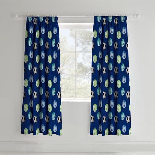 Image of Catherine Lansfield Kids Football 66x72 Inch Lined Pencil Pleat Curtains Two Panels Blue