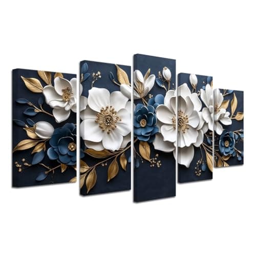 Image of CXHOSTENT Flower Canvas Wall Art 5 Pieces White and Gold Floral Pictures Abstract Elegant Floral Painting Print Large Artwork for Bedroom Office Decor Framed (Blue, 8x14inx2 8x18inx2 8x22inx1)