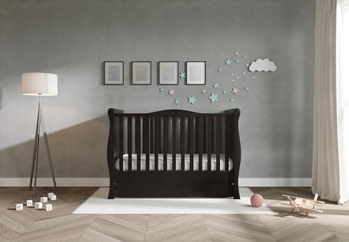 Image of Viculii GILBERT Baby Sleigh Cot Bed with Drawer and Mattress 140x70x10cm | 3 in 1 Large Black Cot Bed Converts to Toddler Bed Junior Bed