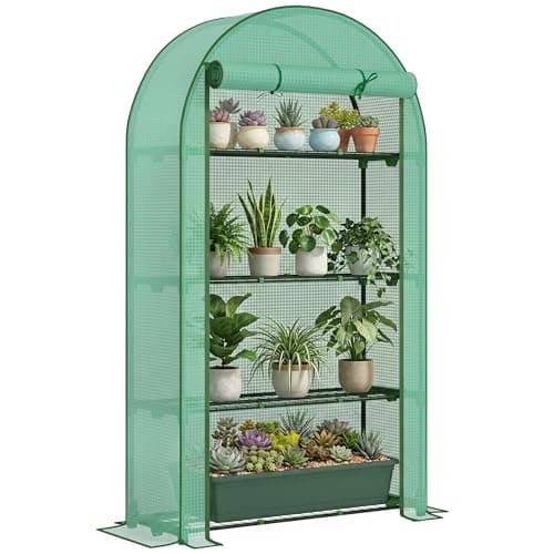 Image of Outsunny 4 Tier Mini Greenhouse with Reinforced PE Cover, Portable Small Greenhouse with Roll-Up Door, 105 x 45 x 160cm, Green