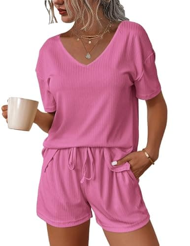 Image of Ekouaer Women's Pyjamas Sets Short Sleeve Pjs Summer Ribbed Women Nightwear V-Neck Top and Shorts with Pockets, Hot Pink, S