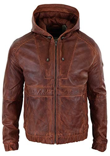 Image of Mens Real Leather Hood Bomber Jacket Tan Brown Black Zipped Tailored Fit Casual - Tan M