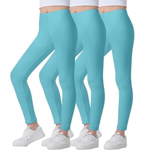 Image of The Fancy Dress 3 Pack Girls Leggings Full Length Stretchy Sports Fitness Gym Cycling Yoga Tights Pants Turquoise Leggings Kids 9-10 Years