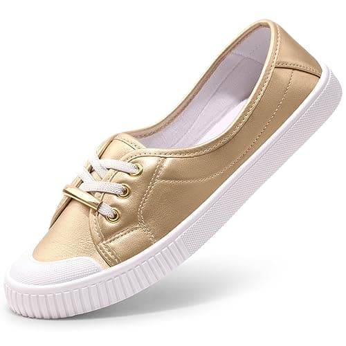 Image of Harvest Land Womens Canvas Shoes Low Top Flat Gym Sports Pumps Trainers Lace Up Flat Ladies Girls Fashion Pumps Gold UK 5.5