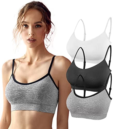 Image of SHEKINI 3 Pcs Women's Sport Bra Seamless Padded Bralettes Yoga Bras Adjustable Leisure Stretch Crop Tops Cami Bras for Women Girl, Black+White+Grey