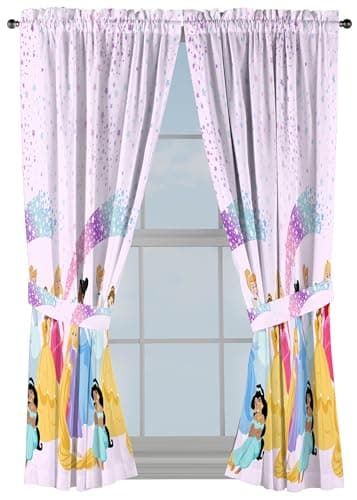 Image of Sunny Side Up Window Curtains for Kids Bedroom 4-Piece Drape Set with 2 Tiebacks, Pink - Disney Princess, 42" W x 63" L (Pack of 2)