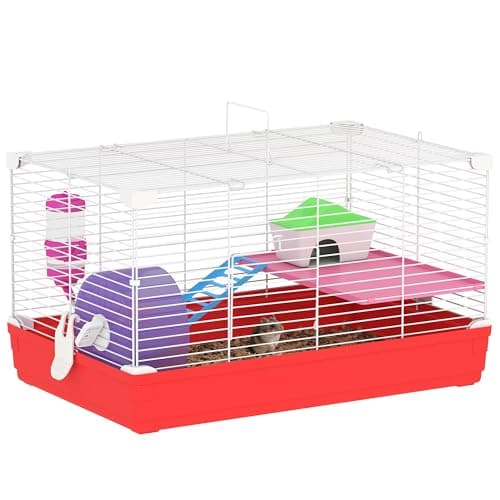 Image of PawHut Hamster Cage, Small Gerbil Cage 2 Tiers Portable w/ Handle, Exercise Wheel, Water Bottle, Dishes