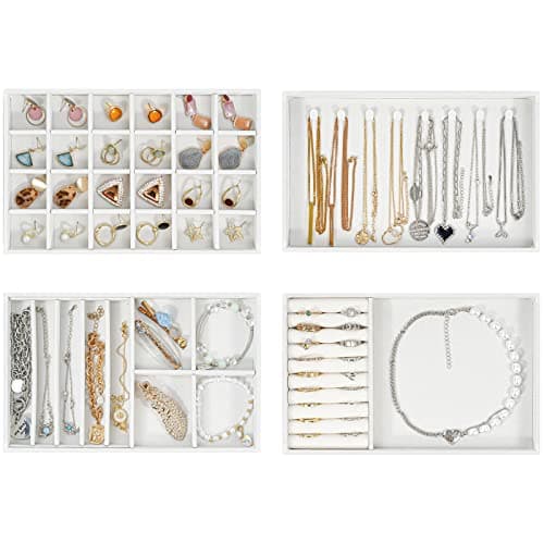 Image of ProCase Jewellery Tray Organiser, Jewellery Drawer Organiser Velvet Stackable Jewellery Storage Tray for Drawer Jewellery Display for Earring Necklace Ring Bracelet -4 Layers, White