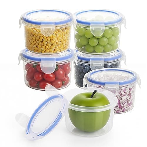 Image of 6 Pack Food Containers, 300ml Round Leak-Proof Food Containers with Lids, Plastic Reusable Small Fruit Pots with Lids for Yoghurt, Fruit, & Snacks (Transparent)