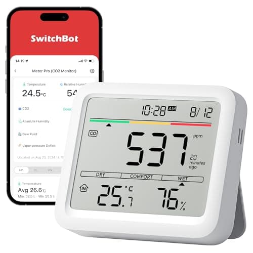 Image of SwitchBot CO2 detector with Built-in Hygrometer, Temperature Humidity Monitor with carbon dioxide monitor, Bluetooth CO2 Monitor, 2-Year Data Storage, SwitchBot Hub Required for WiFi Function