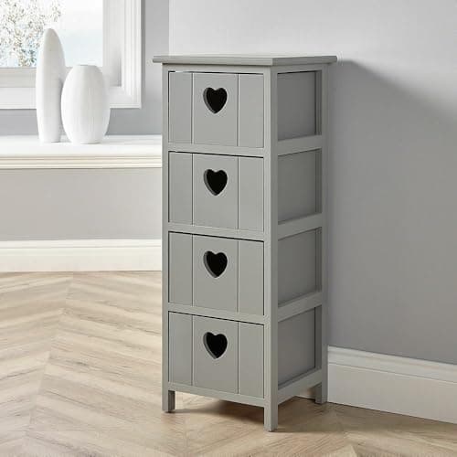 Image of Home Source Chest of Drawers, Wooden Storage Unit Bedroom Organiser Bedside, Love Heart Design, 4 Drawer, Grey