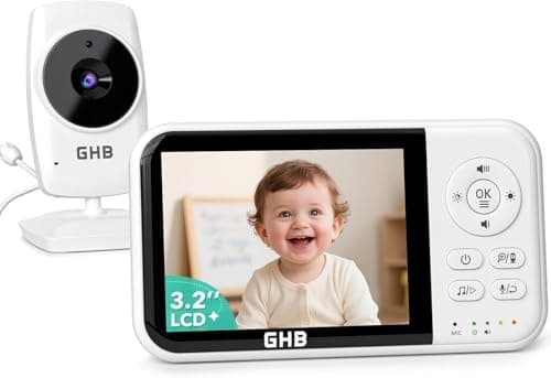 Image of GHB Baby Monitor with Camera and Night Vision, 3.2 Inch Screen, 2-Way Audio, Temperature Sensor, 2X Zoom, Lullabies, Feeding Reminder, ECO Mode