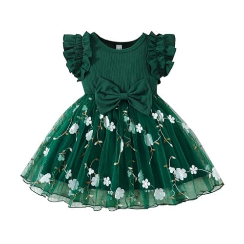 Image of QUNERY Baby Girl Outfits Floral Rib Knit Dress Birthday Party Dresses for Infant Girls Summer Clothes Dark green 18-24 months