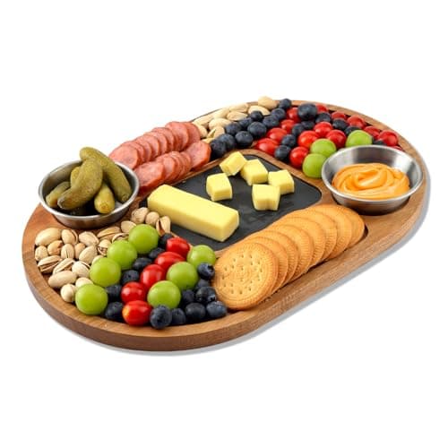 Image of WLWNWFT Acacia Wood Serving Board Wood Serving Platter with Slate 36x24cm 2 Sauces Bowls for Steak Sushi, Steak Plate Slate Serving Plate for Grilling and Serving