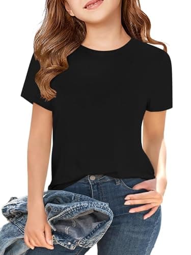 Image of Haloumoning Girls' Summer Short Sleeve T-Shirt Tops Children's T-Shirts Plain Casual Sport Crew Neck Tees Tops, Black, 130 cm