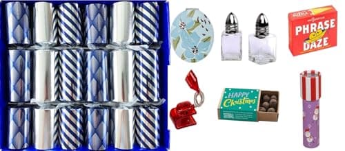 Image of Crackers Ltd Set of 6 Family Size Large Selection Box of Christmas in Silver and Blue with selected gifts and bespoke blue hats