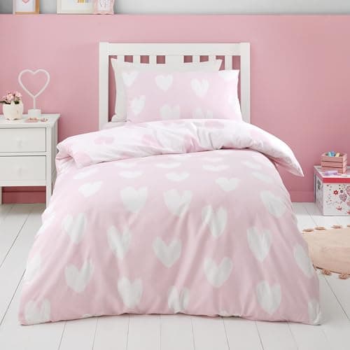 Image of Catherine Lansfield Brushed Cotton Hearts Reversible Single Duvet Cover Set with Pillowcase Pink
